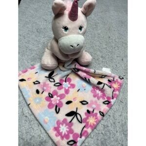 Little Beginnings Pink Unicorn Baby Security Blanket Floral Fleece Lovey Plush
